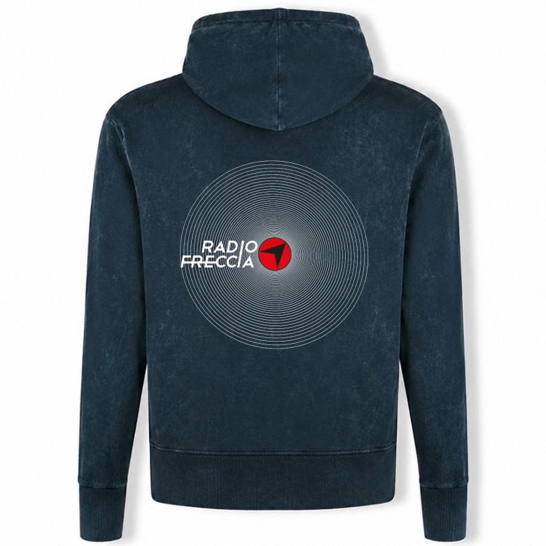 FELPA UNISEX RADIOFRECCIA BLU DENIM CON CAPPUCCIO E GRAFICA VINILE