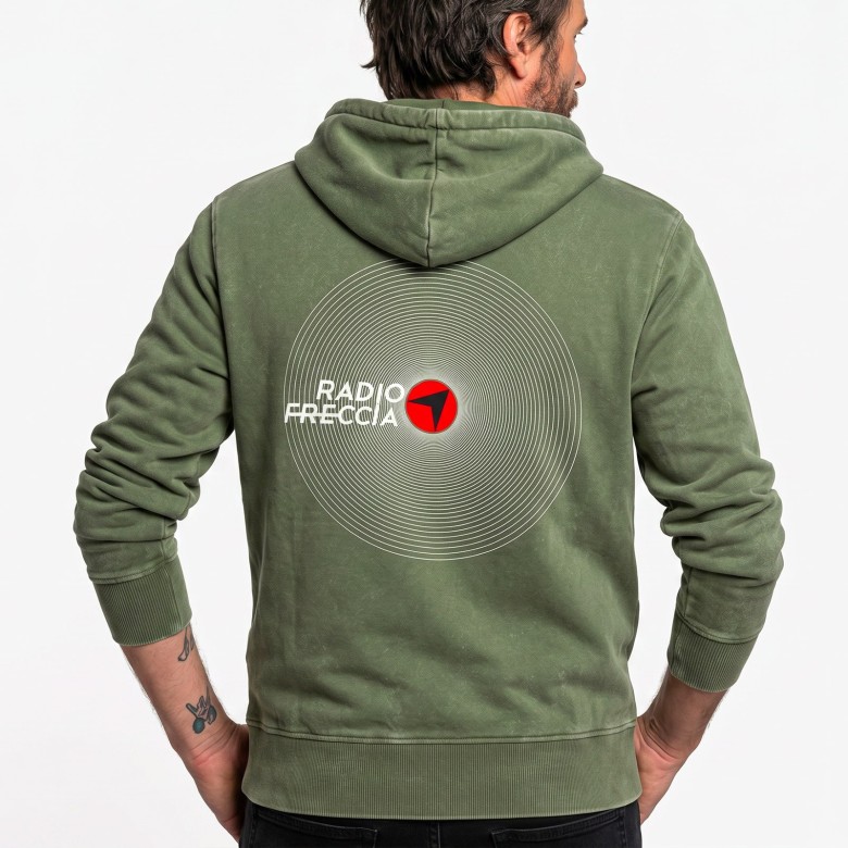 FELPA UNISEX RADIOFRECCIA VERDE VINTAGE CON CAPPUCCIO E GRAFICA VINILE