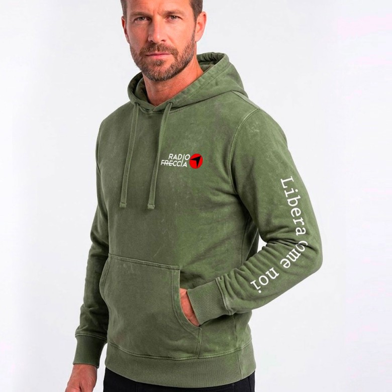 FELPA UNISEX RADIOFRECCIA VERDE VINTAGE CON CAPPUCCIO E SIMBOLO