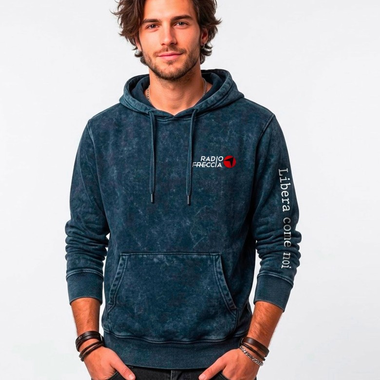 FELPA UNISEX RADIOFRECCIA BLU DENIM CON CAPPUCCIO E GRAFICA VINILE