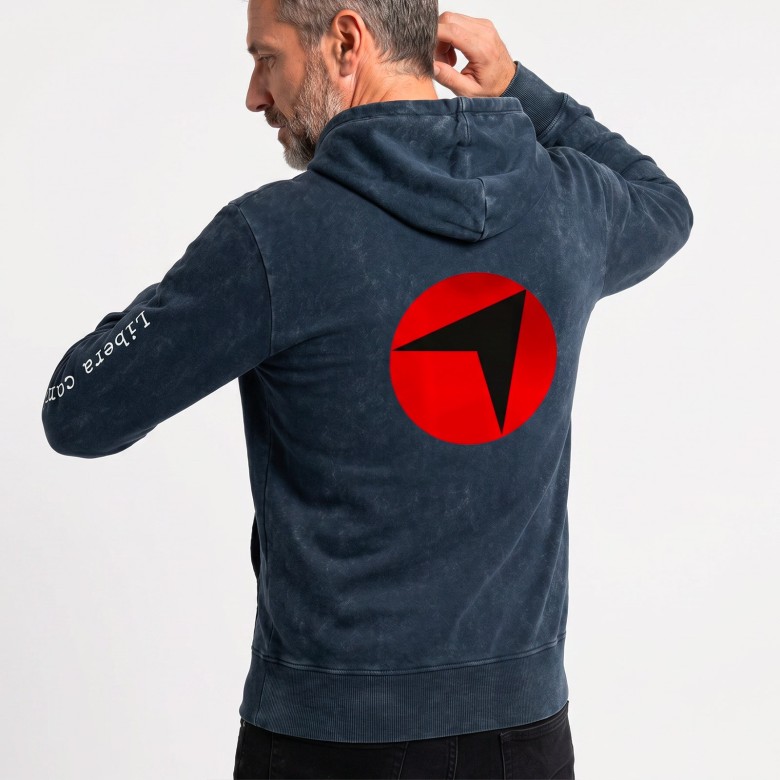 FELPA UNISEX RADIOFRECCIA BLU DENIM CON CAPPUCCIO E SIMBOLO