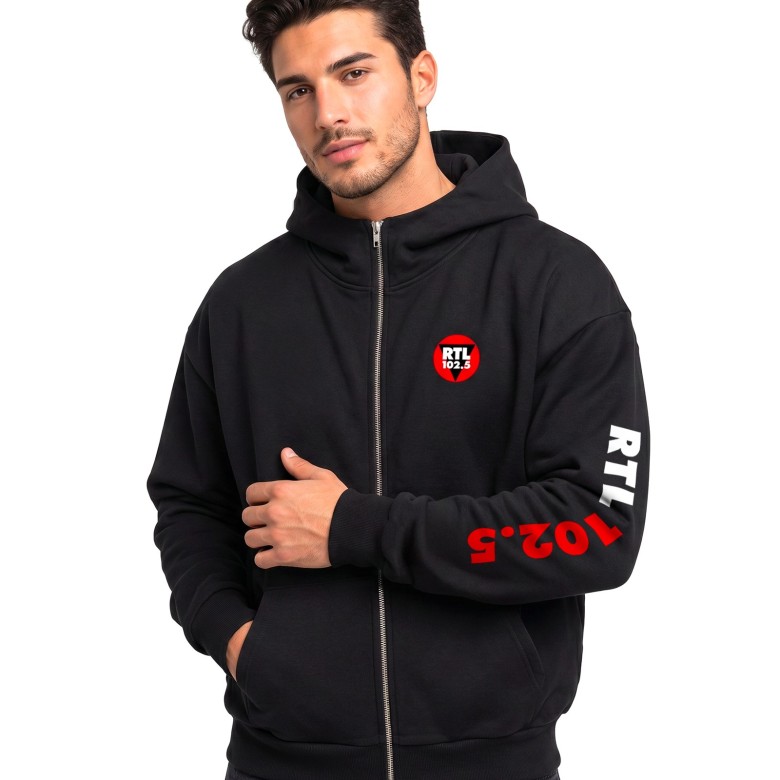 FELPA UOMO RTL 102.5 CON CAPPUCCIO, ZIP E SIMBOLO